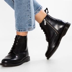 Dr. Martens Delphine Smooth Brogue Boots Black Polished Cowhide Leather Lace Zip